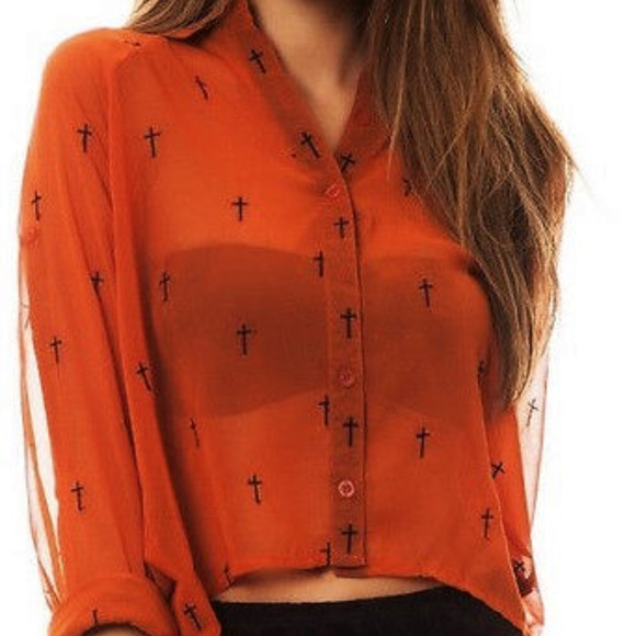 Embroidered Cross Sheer BLOUSE High Low Hem TOP M - Picture 4 of 6